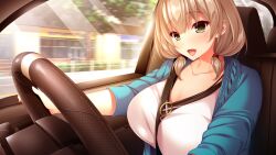 Rule 34 | 1girl, anekawa ayane, blonde hair, blush, breasts, car, car interior, dodomeiro, driving, eyebrows hidden by hair, female focus, game cg, happy, large breasts, light blush, looking at viewer, medium hair, motor vehicle, netarou, open mouth, original, real eroge situation! dt, seatbelt, sitting, smile, solo, steering wheel, twintails, upper body, window, yellow eyes