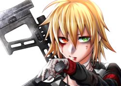 Rule 34 | 1girl, absurdres, bandaged hand, bandaged neck, bandages, black hoodie, blonde hair, blood, bloody tears, cafe no zombi-ko, cafe no zombi-ko (2nd costume), commentary request, green eyes, gun, handgun, heterochromia, highres, holding, holding gun, holding weapon, hood, hoodie, long sleeves, looking at viewer, parted lips, project upd8, red eyes, shin (ultramarine430), short hair, solo, upper body, virtual youtuber, weapon, white background