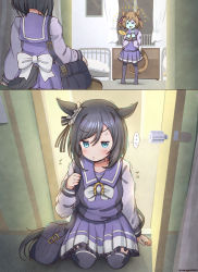 Rule 34 | &gt; &lt;, 2girls, 2koma, @ @, animal ears, bag, bedroom, black eyes, black hair, bow, bowtie, brown eyes, brown hair, cellphone, collarbone, colored skin, comic, commentary, curtains, ear scrunchie, ears down, eishin flash (umamusume), entrance, green skin, hair between eyes, hair bow, hand mirror, highres, holding, holding mirror, holding phone, horse ears, horse girl, horse tail, indoors, light switch, long sleeves, mirror, multiple girls, opening door, phone, plaid, plaid bow, pleated skirt, purple sailor collar, purple shirt, purple skirt, railing, rakugakiraid, sailor collar, school bag, school uniform, shirt, short hair, skirt, smart falcon (umamusume), smartphone, speech bubble, sweat, tail, tracen school uniform, translated, traumatized, twintails, umamusume, white bow, white bowtie, window, winter uniform, zombie