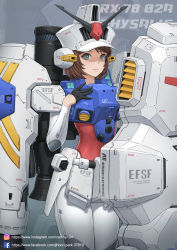 Rule 34 | 1girl, absurdres, armor, bigunit, black gloves, bodysuit, brown hair, character name, commentary request, cowboy shot, gloves, green eyes, grey background, gundam, gundam 0083, gundam gp-02 physalis, hand on own chest, hand up, hat, highres, looking at viewer, mecha, mecha musume, robot, shield, short hair, skin tight, solo, thrusters, v-fin, watermark, web address