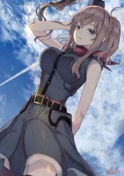 Rule 34 | 10s, 1girl, arm behind back, black dress, blue eyes, breast pocket, breasts, brown hair, cloud, cowboy shot, day, dress, dutch angle, hair between eyes, hand in own hair, highres, kantai collection, large breasts, light smile, lips, looking at viewer, neckerchief, pocket, ponytail, red neckerchief, saratoga (kancolle), saratoga mk ii (kancolle), short sleeves, side ponytail, sidelocks, signature, sky, solo, striped, thighhighs, vertical stripes, you06