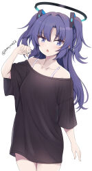 Rule 34 | 1girl, black shirt, blue archive, blue eyes, breasts, collarbone, commentary request, hair between eyes, halo, hand up, highres, long hair, medium breasts, off-shoulder shirt, off shoulder, parted bangs, purple hair, shirt, short sleeves, simple background, solo, tamayan, twitter username, two side up, very long hair, white background, wide sleeves, yuuka (blue archive)