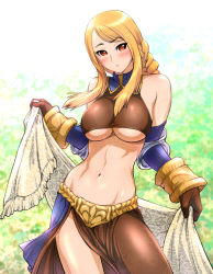 Rule 34 | 1girl, :&lt;, agrias oaks, bare shoulders, blonde hair, blush, braid, breasts, brown eyes, class change, contrapposto, curvy, dancer, dancer (fft), elbow gloves, final fantasy, final fantasy tactics, gloves, large breasts, long hair, looking at viewer, midriff, navel, orange eyes, shawl, solo, standing, ueyama michirou, underboob