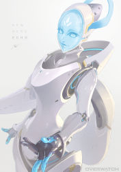 Rule 34 | 1girl, absurdres, blue eyes, character name, copyright name, echo (overwatch), facial mark, forehead mark, halo, highres, hologram, joints, lips, looking at viewer, mechanical halo, nishikawa eito, no nipples, outstretched hand, overwatch, overwatch 1, robot, robot joints, solo