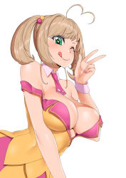 Rule 34 | 1girl, ;), ;q, ahoge, bad id, bad pixiv id, bare shoulders, blonde hair, blush, breasts, cleavage, detached collar, dress, era (erasion), green eyes, hair bobbles, hair ornament, heart, heart-shaped pupils, heart ahoge, highres, idolmaster, idolmaster cinderella girls, large breasts, nail polish, no bra, one eye closed, pink nails, sato shin, simple background, smile, solo, strap slip, symbol-shaped pupils, tongue, tongue out, twintails, w, white background