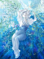 Rule 34 | 1girl, absurdres, arms up, blue eyes, blue theme, dress, flower, frills, full body, hair ornament, high heels, highres, holding, leaf, long hair, looking at viewer, original, parted lips, plant, puffy sleeves, ribbon, sabaumako, shirt, short sleeves, solo, white footwear, white hair, white shirt