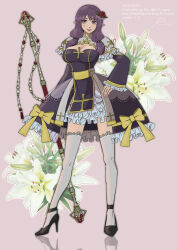 Rule 34 | 1girl, arch bishop (ragnarok online), bow, breasts, cleavage, cleavage cutout, closed mouth, clothing cutout, commentary request, cross, dress, dress bow, fingernails, flower, frilled dress, frilled sleeves, frills, full body, hair flower, hair ornament, high heels, highres, holding, holding staff, large breasts, long fingernails, looking at viewer, love misery, medium bangs, official alternate costume, pelvic curtain, pink background, pink nails, purple dress, purple eyes, ragnarok online, red flower, sash, smile, solo, staff, standing, thighhighs, two-tone dress, white dress, white flower, white thighhighs, yellow bow, yellow sash