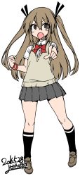 Rule 34 | 1girl, artist name, black socks, brown eyes, brown hair, dated, fang, full body, highres, kagami ryouko, kneehighs, loafers, long hair, looking at viewer, aged up, open mouth, original, pleated skirt, pointing, pointing at viewer, school uniform, shoes, simple background, skirt, socks, solo, twintails, white background, yoshida hideyuki