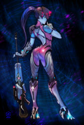 Rule 34 | 1girl, arched back, arm tattoo, armor, ass, back cutout, back tattoo, black nails, blue skin, bodysuit, clothing cutout, colored skin, commentary, english commentary, finger to mouth, fingernails, from behind, full body, gauntlets, greaves, gun, hair pulled back, head-mounted display, high heels, long hair, looking at viewer, looking back, manos lagouvardos, nail polish, overwatch, overwatch 1, pauldrons, planted, ponytail, purple bodysuit, purple hair, rifle, shoulder armor, shushing, single gauntlet, single pauldron, sniper rifle, solo, spider tattoo, spider web background, tattoo, weapon, widowmaker (overwatch), yellow eyes