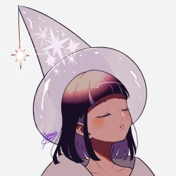 Rule 34 | 1girl, blunt bangs, blush, glowing, hat, kisaragi yuu (fallen sky), original, parted lips, portrait, signature, simple background, solo, sparkle, star (sky), transparent headwear, white background, witch hat