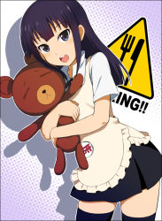 Rule 34 | 1girl, apron, badge, black thighhighs, blue eyes, blush, copyright name, daisy (working!!), halftone, halftone background, kyoku tou, leaning forward, long hair, looking at viewer, hugging object, open mouth, purple hair, short sleeves, solo, standing, stuffed animal, stuffed toy, teddy bear, thighhighs, tsurime, waitress, working!!, yamada aoi, zettai ryouiki