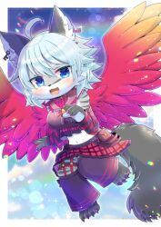 Rule 34 | 1girl, :3, :d, ahoge, animal ear fluff, animal ears, black pants, black sleeves, blue eyes, blush, breasts, brown shirt, character request, commentary request, commission, crop top, detached sleeves, fang, feathered wings, full body, furry, furry female, gradient wings, grey hair, hair between eyes, kou hiyoyo, long sleeves, looking at viewer, medium breasts, midriff, multicolored wings, navel, open mouth, pants, pants under skirt, plaid, plaid skirt, pleated skirt, red skirt, red wings, second life, shirt, skeb commission, skirt, sleeveless, sleeveless shirt, smile, solo, tail, wings, yellow wings