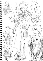 Rule 34 | 1boy, 1girl, bag, bleach, boo br, chin rest, coat, couple, full body, fur-trimmed coat, fur trim, greyscale, hand in pocket, head on head, head rest, height difference, hetero, holding, hug, hug from behind, inoue orihime, kurosaki ichigo, long hair, long sleeves, monochrome, parted lips, shopping bag, short hair, sidelocks, sketch, standing, sweater, traditional media, translation request