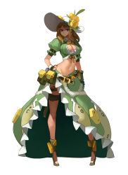 Rule 34 | 1girl, bad id, bad pixiv id, breasts, brown hair, cleavage, dress, flower, full body, hand on own hip, hat, hat flower, high heels, legs, looking at viewer, medium breasts, midriff, navel, raised eyebrow, shadow, simple background, solo, standing, stomach, thighs, white background, yostxxx