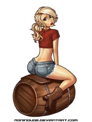 Rule 34 | 1girl, ass, barrel, blonde hair, blue eyes, boots, commentary, cowboy boots, crop top, cutoffs, denim, denim shorts, elf, full body, highres, lips, looking at viewer, looking back, midriff, open mouth, original, pointy ears, ponytail, ronindude, sassy (ronindude), shorts, solo, straddling, swept bangs, watermark, web address