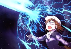 Rule 34 | 1girl, action, blush, breasts, brown eyes, brown hair, colorized, commentary, electricity, electrokinesis, energy, fantasy, from side, gazing eye, glowing, haimura kiyotaka, highres, jacket, long sleeves, looking away, looking up, medium breasts, medium hair, misaka mikoto, night, novel illustration, official art, open mouth, outdoors, outstretched arm, psychic, purple jacket, science fiction, small breasts, solo, toaru majutsu no index, toaru majutsu no index: old testament, upper body