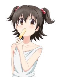 Rule 34 | 10s, 1girl, akagi miria, brown eyes, brown hair, collarbone, commentary request, eating, food, food in mouth, hair between eyes, hair bobbles, hair ornament, holding, holding food, idolmaster, idolmaster cinderella girls, looking at viewer, melting, off shoulder, popsicle, shirt, short hair, sincos, solo, tank top, two side up, upper body, white shirt