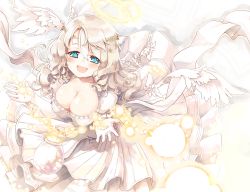 Rule 34 | 1girl, :d, angel, blue eyes, blush, bottle, breasts, cleavage, curly hair, dress, feathered wings, feathers, gloves, gradient background, hair ornament, halo, happy, highres, large breasts, long hair, looking at viewer, naka akira, open mouth, original, smile, solo, white dress, white gloves, white hair, wings