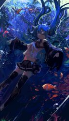 Rule 34 | 1girl, absurdres, bare shoulders, black footwear, black skirt, blue eyes, blue hair, boots, bubble, closed mouth, clownfish, detached sleeves, feet out of frame, fish, floating hair, hair between eyes, hatsune miku, highres, kaamin (mariarose753), long hair, long sleeves, looking ahead, midriff, pleated skirt, shirt, single horizontal stripe, skirt, sleeveless, sleeveless shirt, sleeves past wrists, solo, thigh boots, thighhighs, tropical fish, twintails, underwater, very long hair, vocaloid, white shirt, zettai ryouiki