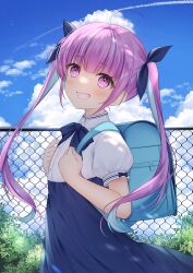 Rule 34 | 1girl, aged down, ahoge, backpack, bag, blue bow, blue dress, blue hair, blue ribbon, blue sky, bow, chain-link fence, cloud, cloudy sky, commentary request, contrail, day, dress, fence, grin, hair ribbon, hands up, haruhitooo, highres, hololive, long hair, looking at viewer, minato aqua, multicolored hair, outdoors, pink eyes, pink hair, puffy short sleeves, puffy sleeves, randoseru, ribbon, short sleeves, sky, smile, solo, twintails, two-tone hair, very long hair, virtual youtuber