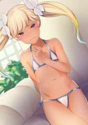 Rule 34 | 1girl, bikini, blonde hair, blush, collarbone, commentary request, commission, flat chest, flower, gradient hair, granblue fantasy, hair flower, hair ornament, io (granblue fantasy), long hair, micro bikini, multicolored hair, navel, purple eyes, rainbow hair, skeb commission, sody, solo, swimsuit, tan, twintails