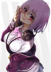 Rule 34 | 10s, 1girl, :q, black skirt, bow, bowtie, breasts, closed mouth, collared shirt, commentary request, dress shirt, fingernails, from side, glasses, gridman universe, hair between eyes, hand up, headphones, headphones around neck, highres, jacket, long sleeves, looking at viewer, looking to the side, medium breasts, off shoulder, partially unzipped, pink bow, pink bowtie, pleated skirt, purple eyes, purple hair, purple jacket, red-framed eyewear, school uniform, semi-rimless eyewear, shinjou akane, shirt, short hair, shuutou haruka, skirt, sleeves past wrists, smile, solo, ssss.gridman, striped, striped background, tongue, tongue out, under-rim eyewear, upper body, white shirt, wing collar, zipper, zipper pull tab