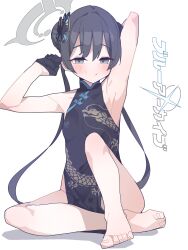 Rule 34 | 1girl, :o, arm behind head, armpits, barefoot, black dress, black gloves, black hair, blue archive, blush, braid, braided bun, breasts, butterfly hair ornament, china dress, chinese clothes, closed mouth, commentary request, copyright name, dot mouth, double bun, dragon print, dress, feet, full body, gloves, grey eyes, grey halo, hair bun, hair ornament, half-closed eyes, half gloves, halo, hand up, highres, kisaki (blue archive), knee up, koyansuee, legs, long hair, looking at viewer, pelvic curtain, print dress, simple background, sitting, sleeveless, sleeveless dress, small breasts, solo, toenails, toes, twintails, white background