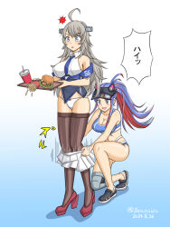 ahoge animal_ears animal_hat bikini black_thighhighs blue_bikini blue_hair blue_necktie breasts burger cat_ears cat_hat clothes_pull collared_shirt dated dress_shirt drink food french_fries geru gradient_background grey_eyes grey_hair hat headgear kantai_collection knee_pads large_breasts long_hair military_uniform multicolored_hair necktie official_alternate_costume panties ponytail red_hair shirt single_knee_pad skirt skirt_pull sleeveless sleeveless_shirt south_dakota_(kancolle) south_dakota_kai_(swimsuit_mode)_(kancolle) sports_bikini striped_clothes striped_thighhighs swimsuit thighhighs tray twitter_username underwear vertical-striped_clothes vertical-striped_thighhighs visor_cap washington_(kancolle) white_background white_hair white_panties white_shirt white_skirt