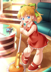 Rule 34 | 1girl, :d, android, blonde hair, blue eyes, blush, bow, cleaning, dress, female focus, green bow, hair bow, indoors, inou shin, joints, looking at viewer, mega man (classic), mega man (series), mop, open mouth, ponytail, red dress, red footwear, robot joints, roll (mega man), screwdriver, sleeveless, sleeveless dress, smile, solo, stairs, table