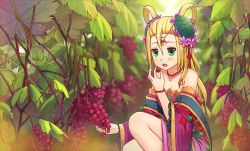 Rule 34 | 1girl, bad id, bad pixiv id, bare shoulders, blonde hair, blush, chinese clothes, circlet, collarbone, eating, flower, food, fruit, grapes, grapevine, green eyes, hair flower, hair ornament, hair rings, jewelry, long hair, maedeup, meimei (p&amp;d), necklace, off shoulder, open mouth, piza rokumai, puzzle &amp; dragons, solo, turtle shell