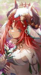 Rule 34 | 1girl, asagizuisen, blue eyes, blue gemstone, blurry, blurry background, breasts, brooch, closed mouth, clothing cutout, crop top, flower, forehead jewel, gem, genshin impact, heart, highres, holding, holding flower, horns, jewelry, long hair, nail polish, neck ring, nilou (genshin impact), parted bangs, red hair, sidelocks, small breasts, smile, solo, twitter username, upper body, veil, white headdress
