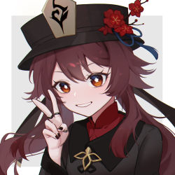 Rule 34 | 1girl, :d, black nails, brown hair, chinese clothes, commentary request, flower, genshin impact, grin, hair between eyes, hat, hat flower, hat ornament, highres, hu tao (genshin impact), jewelry, jide xia zi ran, long hair, long sleeves, looking at viewer, multicolored hair, nail polish, open mouth, orange eyes, porkpie hat, ring, sidelocks, simple background, smile, solo, symbol-shaped pupils, two-tone hair, v