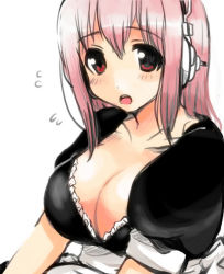 Rule 34 | 1girl, alternate costume, apron, blush, breasts, cleavage, enmaided, female focus, flying sweatdrops, frills, headphones, jinusunako, large breasts, long hair, looking at viewer, maid, maid apron, nitroplus, open mouth, pink hair, red eyes, simple background, solo, super sonico