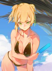 Rule 34 | 1girl, 3:, bent over, bikini, black bikini, blonde hair, breast hold, breasts, cleavage, closed mouth, cloud, contrapposto, cowboy shot, day, food, girls&#039; frontline, glaring, green eyes, hair ribbon, leaning forward, lips, looking at viewer, medium breasts, navel, olys, outdoors, palm leaf, popsicle, ribbon, short hair, solo, standing, string bikini, swimsuit, tsurime, twitter username, two side up, welrod mkii (girls&#039; frontline)