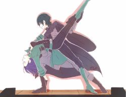 Rule 34 | 1boy, 1girl, armor, black gloves, blue eyes, blue hair, breasts, byleth (fire emblem), byleth (male) (fire emblem), cape, cleavage, closed eyes, couple, dancing, fire emblem, fire emblem: three houses, gloves, green jacket, heels, holding hands, jacket, jewelry, kiora06, large breasts, leg up, looking at viewer, nintendo, open clothes, open jacket, pants, shamir nevrand, sleeves rolled up, stage