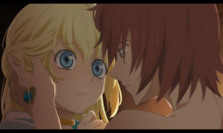 Rule 34 | 1boy, 1girl, bag, bare shoulders, black border, blonde hair, blue eyes, border, brown eyes, colette brunel, eye contact, hair between eyes, hand in another&#039;s hair, imminent kiss, letterboxed, lloyd irving, looking at another, namco, namco bandai, open mouth, pochi-a, portrait, red hair, short hair, tales of (series), tales of symphonia