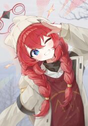 Rule 34 | 1girl, absurdres, beanie, blue archive, blue eyes, blush, braid, clenched teeth, coat, commentary, hair between eyes, halo, hat, highres, long hair, looking at viewer, maki (blue archive), maki (camp) (blue archive), official alternate costume, one eye closed, open clothes, open coat, pellas (panix2383), red hair, red halo, red sweater, salute, shirt, smile, solo, sweater, symbol-only commentary, teeth, twin braids, white coat, white hat, white shirt