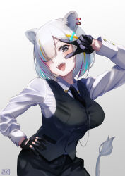 Rule 34 | 1girl, :d, absurdres, animal ears, artist logo, black gloves, black necktie, black pants, black vest, blue hair, blush, breasts, collared shirt, commentary, contrapposto, cowboy shot, dress shirt, fangs, gloves, gradient background, grey background, grey eyes, hair between eyes, hair ornament, hair over one eye, hand on own hip, highres, hololive, light blue hair, lion ears, lion girl, lion tail, long sleeves, looking at viewer, medium breasts, multicolored hair, necktie, nemu iine, official alternate costume, open mouth, orange hair, pants, purple hair, sharp teeth, shirt, shirt tucked in, shishiro botan, shishiro botan (button-down), short hair, silver hair, simple background, smile, solo, streaked hair, tail, teeth, upper teeth only, v, v over eye, vest, virtual youtuber, white background, white shirt, wing collar, x hair ornament