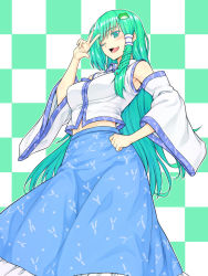 Rule 34 | 1girl, blue skirt, breasts, checkered background, detached sleeves, frilled skirt, frills, frog hair ornament, green background, green eyes, hair ornament, hair tubes, highres, kakone, kochiya sanae, long hair, looking at viewer, medium breasts, nontraditional miko, one eye closed, open mouth, patterned clothing, shirt, skirt, smile, snake hair ornament, solo, standing, touhou, v, white background, white shirt, wide sleeves
