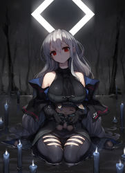Rule 34 | 1girl, arknights, asicah, belt, black belt, black gloves, black pants, black shirt, black sleeves, breasts, chaps, clothing cutout, commentary, gloves, hair between eyes, highres, holding, holding stuffed toy, large breasts, long hair, looking at viewer, pants, red eyes, shirt, skadi (arknights), skadi (elite ii) (arknights), sleeveless, solo, stuffed animal, stuffed rabbit, stuffed toy, thigh cutout, toy