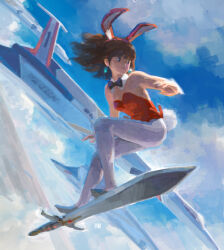 Rule 34 | 1girl, aircraft, airplane, animal ears, black bow, black eyes, bow, cloud, daicon bunny girl, daicon iv, detached collar, earrings, fake animal ears, fighter jet, floating hair, fmu, grey footwear, jet, jewelry, leotard, long hair, military vehicle, open hands, pantyhose, playboy bunny, rabbit ears, rabbit tail, sky, sky surfing, smile, solo, sword, tail, weapon, white pantyhose