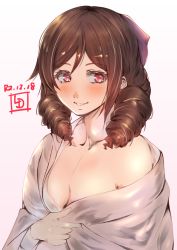 Rule 34 | 1girl, artist logo, bare shoulders, bow, breasts, brown hair, cleavage, commentary request, dated, drill hair, grey kimono, grey robe, hair bow, harukaze (kancolle), highres, japanese clothes, kantai collection, kimono, ld (luna dial398), looking at viewer, medium breasts, one-hour drawing challenge, red bow, red eyes, robe, simple background, solo, twin drills, undressing, upper body, white background
