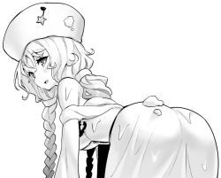 Rule 34 | 1girl, ass, avrora (azur lane), azur lane, bare shoulders, bent over, braid, breasts, dress, fur hat, greyscale, hat, hori (hori no su), long hair, looking at viewer, looking back, monochrome, off-shoulder dress, off shoulder, open mouth, single braid, snow, solo, star (symbol), ushanka, very long hair