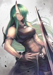 Rule 34 | 1girl, arknights, arm ribbon, armor, bare arms, bare shoulders, black gloves, black shirt, breastplate, breasts, commentary, cowboy shot, gloves, green hair, grey background, grin, hair over one eye, hand on own hip, hannya (arknights), highres, horns, hoshiguma (arknights), large breasts, long hair, looking at viewer, ohako (ohako1818), ribbon, shield, shirt, single horn, sleeveless, sleeveless shirt, smile, solo, yellow eyes