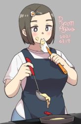 Rule 34 | 1girl, 2021, agawa ryou, apron, blue apron, bob cut, breasts, brown eyes, brown hair, commentary, dated, denim, english commentary, grey background, hair ornament, jeans, looking down, original, pants, shirt, short hair, simple background, solo, spatula, white shirt
