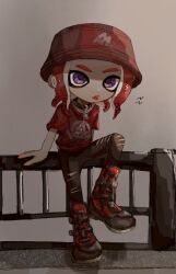 Rule 34 | 1boy, :p, boots, commentary request, full body, hat, hwtr 06, medium hair, nintendo, octoling, octoling boy, octoling player character, print shirt, purple eyes, red footwear, red hair, red hat, red shirt, shirt, sitting, sitting on fence, solo, splatoon (series), tentacle hair, tongue, tongue out