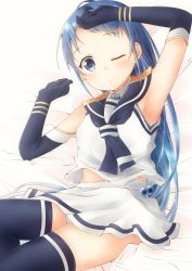 Rule 34 | 1girl, armpits, bed sheet, blue eyes, blue hair, blue thighhighs, commentary request, elbow gloves, gloves, hand on own face, kantai collection, long hair, looking at viewer, lying, mae (maesanpicture), one eye closed, sailor collar, samidare (kancolle), school uniform, serafuku, shirt, skirt, sleeveless, solo, swept bangs, thighhighs, very long hair, white serafuku, white shirt, white skirt