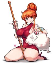 Rule 34 | 1girl, breasts, curvy, dress, female focus, kenron toqueen, large breasts, nami (one piece), one piece, orange hair, shiny skin, sitting, solo