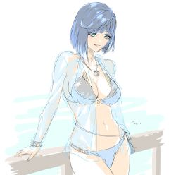 Rule 34 | 1girl, bare arms, bare legs, bare shoulders, bikini, blue bikini, blue eyes, blue hair, breasts, cleavage, eyebrows hidden by hair, genshin impact, highres, jewelry, large breasts, looking at viewer, mitsugu, mole, mole on breast, necklace, see-through, see-through shirt, short hair, smile, solo, stomach, swimsuit, veil, yelan (genshin impact)