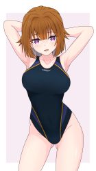 Rule 34 | 1girl, absurdres, alternate costume, arms behind head, border, breasts, brown hair, competition swimsuit, covered navel, girls&#039; frontline, gluteal fold, gotoo, grizzly mkv (girls&#039; frontline), highleg, highleg swimsuit, highres, large breasts, light blush, looking at viewer, medium hair, one-piece swimsuit, outside border, purple background, purple eyes, smile, solo, swimsuit, thighs, white background, white border